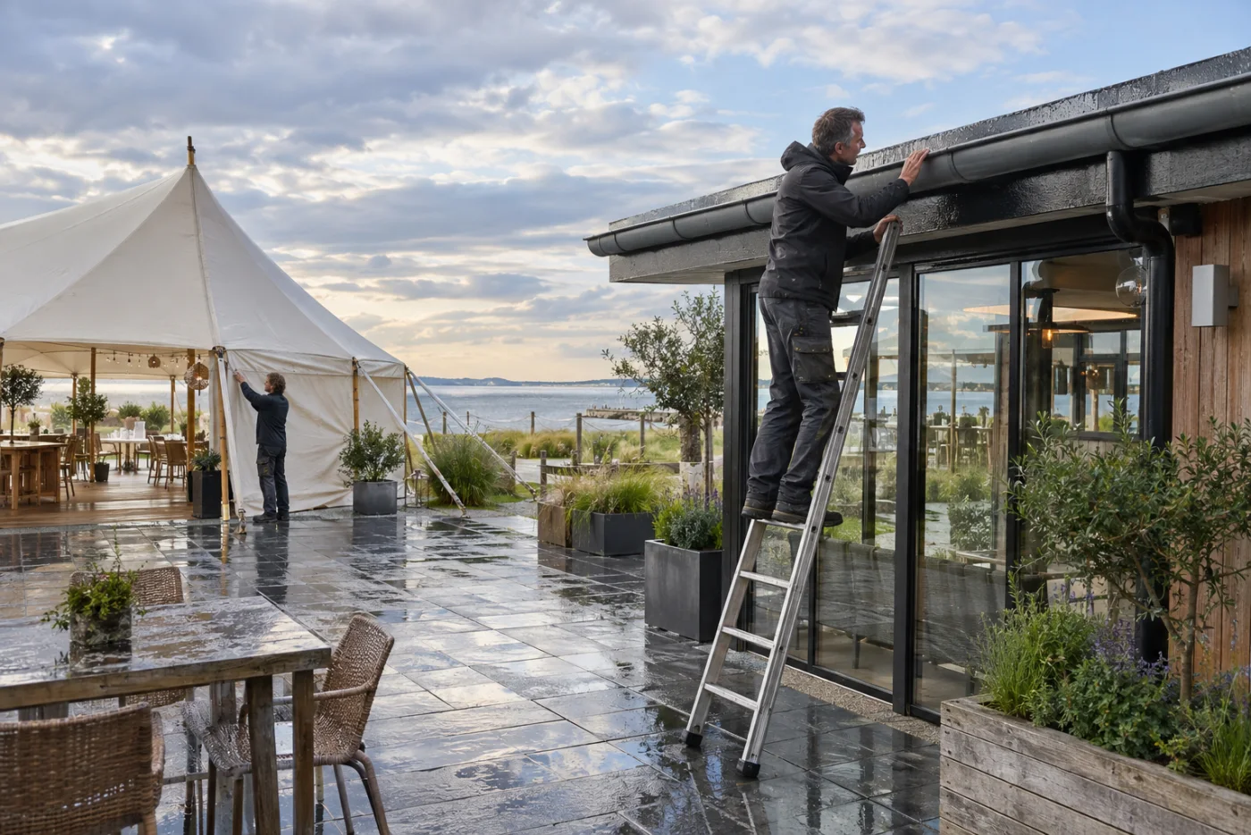 Controle van regenafvoer en een evenemententent bij een locatie aan het water